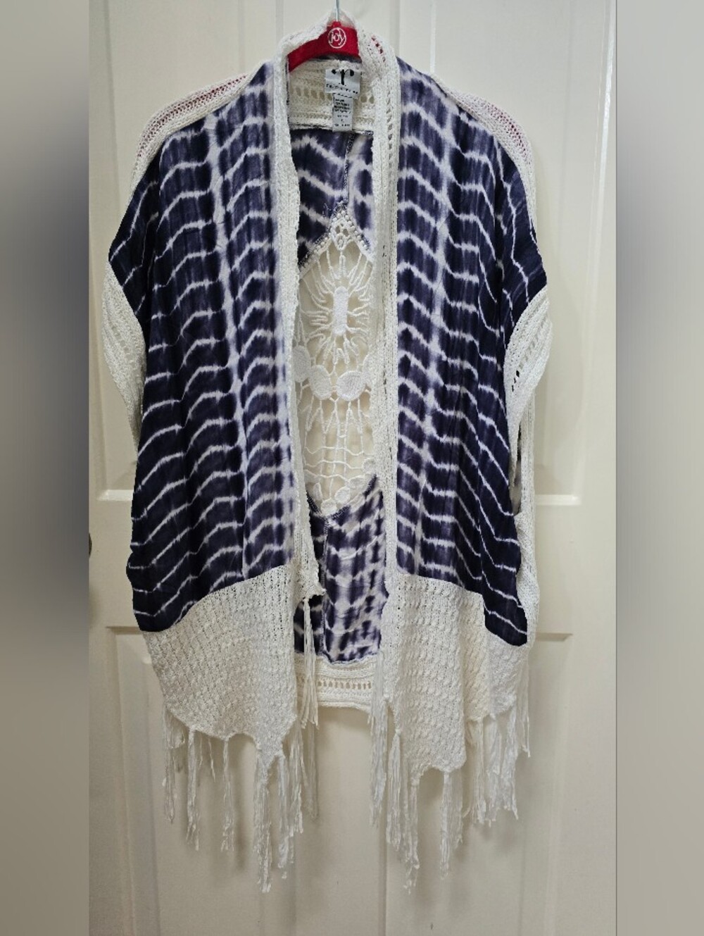 Rain + Rose Crochet Fringe Kimono with Navy Tie-Dye Interior
